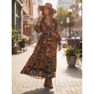 FARM RIO NWT Boho Patchwork Balloon Sleeve Oversized Dress S